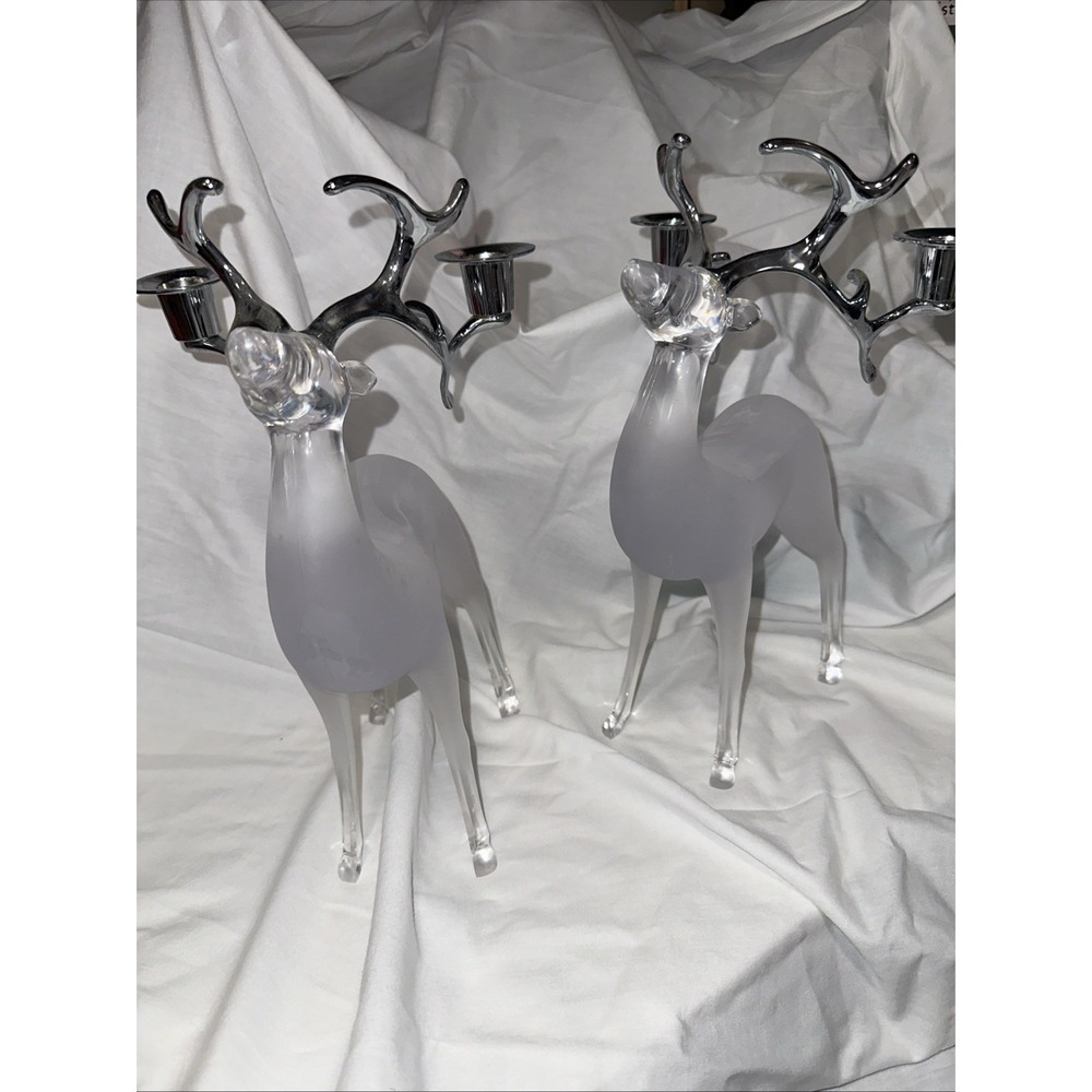 Frosted Acrylic Reindeer Candle Holder w/ Chrome Antlers Holiday Decor (2) - Picture 1 of 7